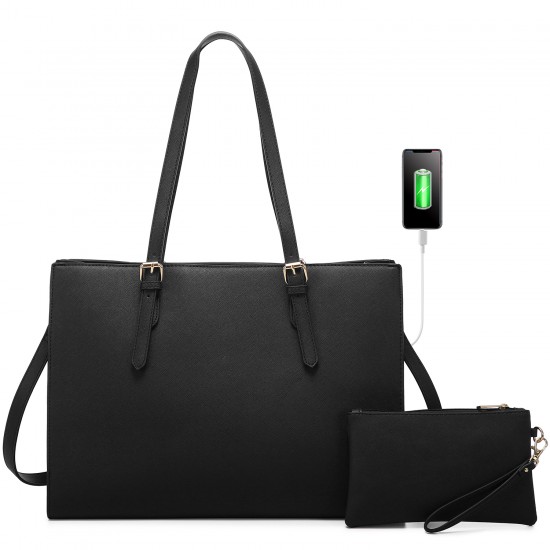 Bolsa para portátil para mujer, bolso de mano de gran capacidad, bolso para laptop de 15.6 pulgadas ó 39.6 cm, color negro