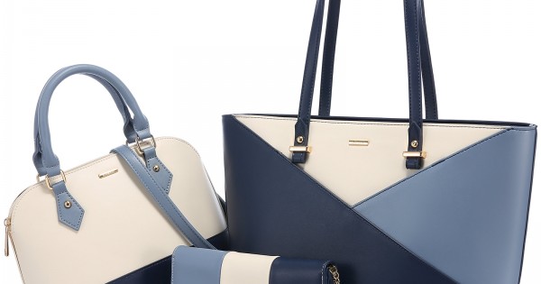 Bolsa elegante, moderna para mujer. Set de tres bolsas: de hombro, de mano  y cartera. Diseño geométrico blanco, azul celeste y azul marino